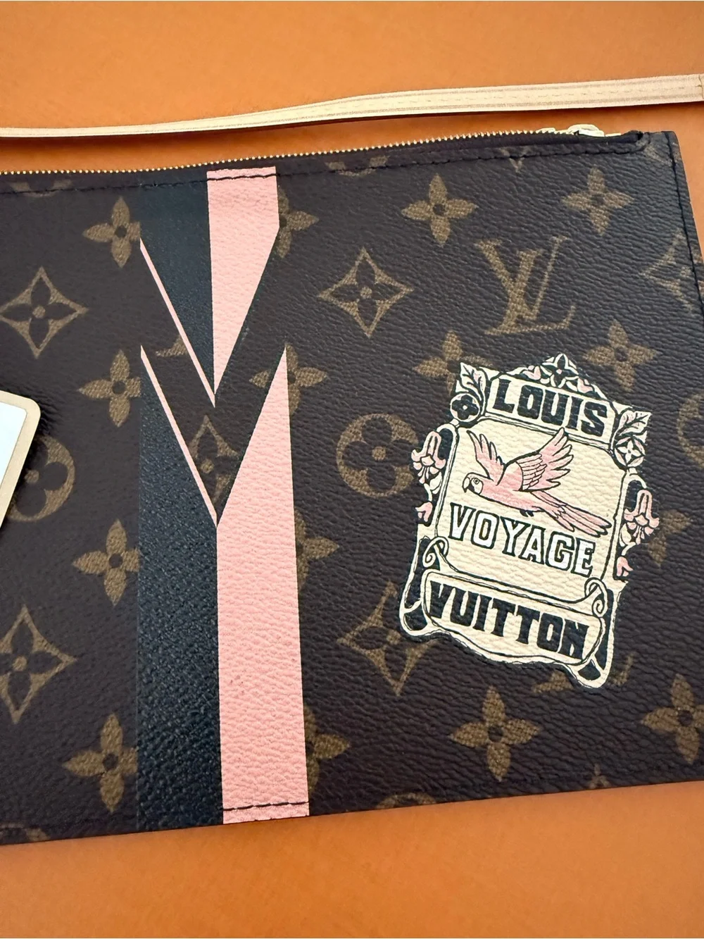 Louis Vuitton Brown Monogram Wristlet with Pink Stripe and Patch